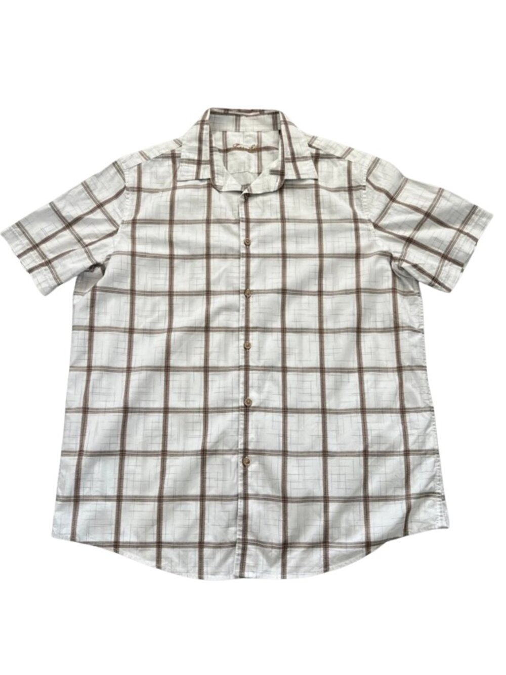 Tasso Elba Men's White & Brown Plaid Button-Down Cotton Casual Shirt - Size XL